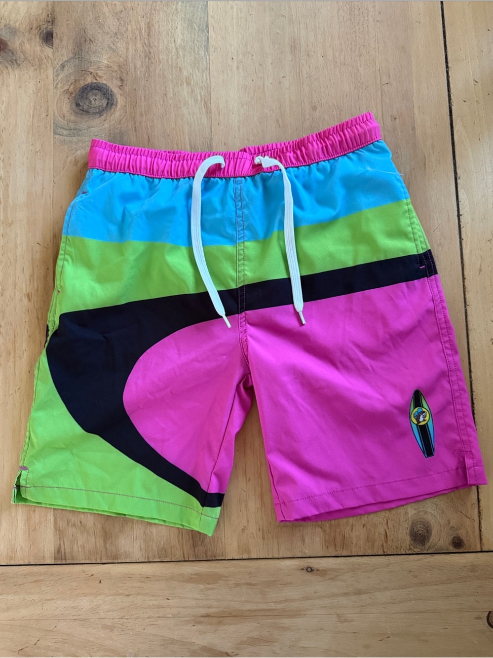 Buc-ee's Neon Swim Trunks Youth Medium YM Retro Colorblock Board Shorts NWOT
